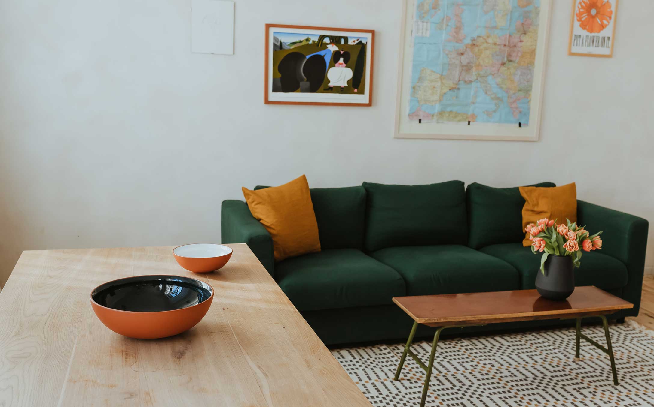 A living room setting with ceramic bowls